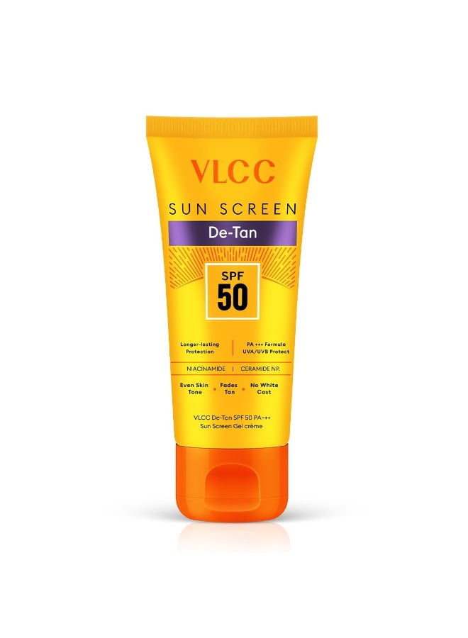 VLCC De-Tan SPF 50 PA+++ Sunscreen Gel Crème- 50g - Detans, Enhances Glow, Protects from UVA, UVB Rays, Help Reduce Dark Patches. - Image 1